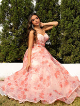 Pink Printed Spaghetti Strap Slit Back Bridal Bridesmaid Prom Dress